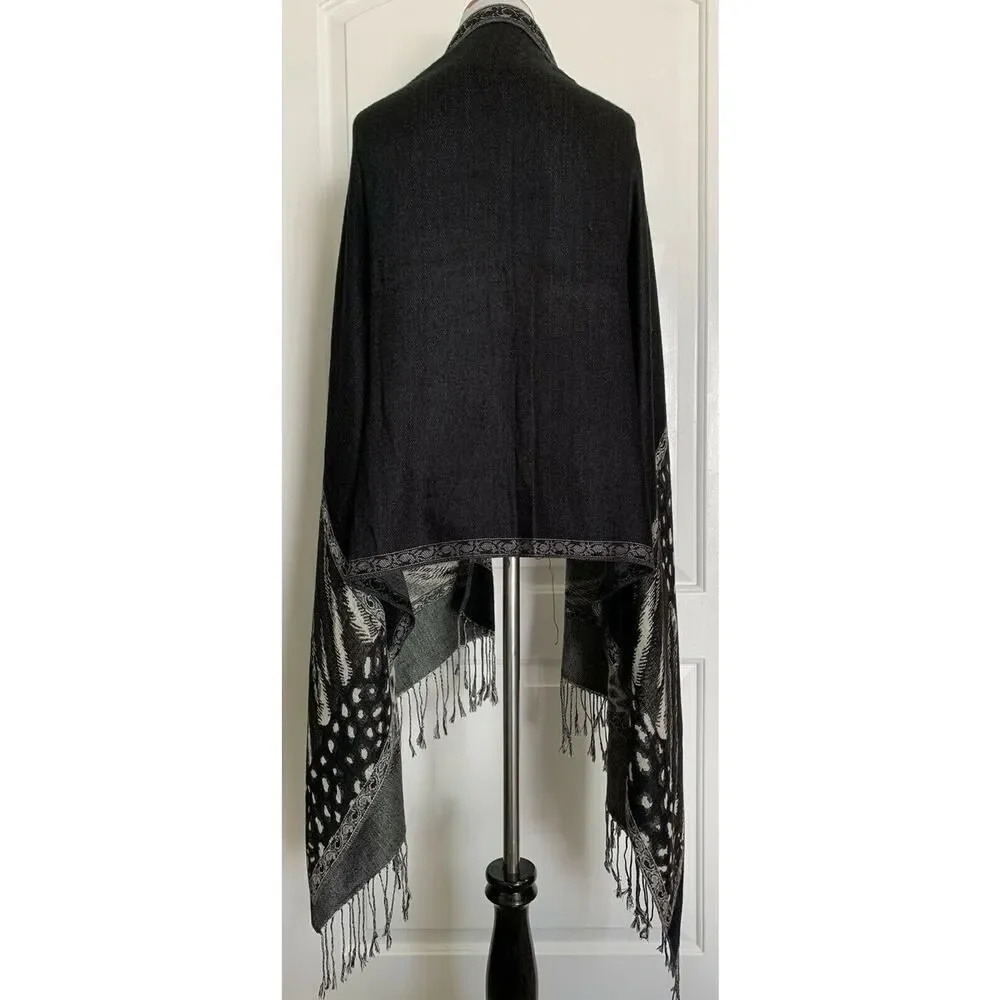 Los Angeles Boutique Designer Pashmina Scarf Wrap Warm Black White Gray Fringe